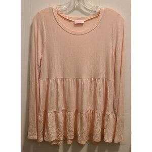 Pink Lily Women's Long Sleeve Tiered Soft Ribbed Blouse Top Light Pink Size M